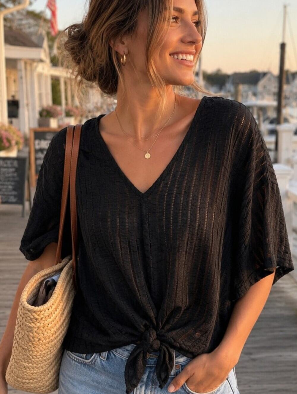 Zara Black Semi Sheer Stripe Tie Front Blouse Top Large